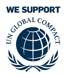 Support du Pacte mondial des Nations Unies avec un globe et une couronne de laurier. Texte : 'NOUS SOUTENONS LE PACTE MONDIAL DES NATIONS UNIES'.