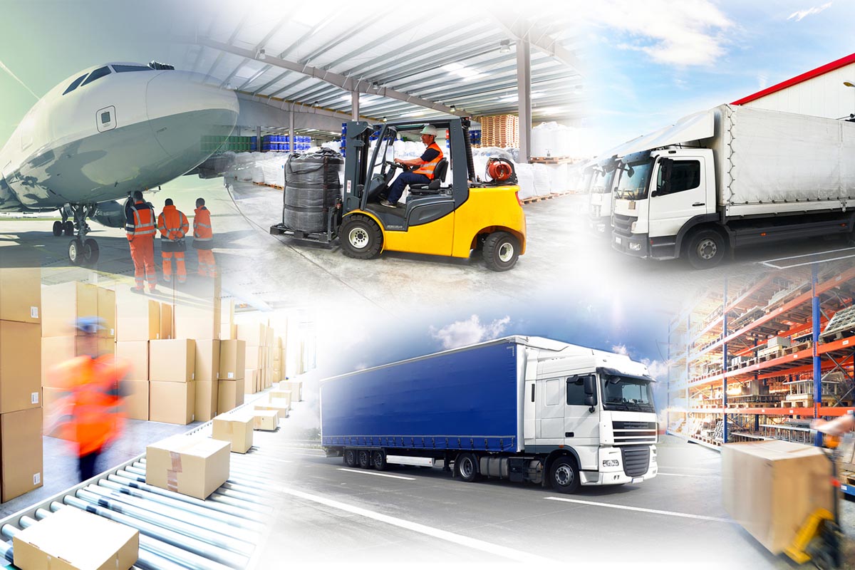 Collage : différents moyens de transport dans le secteur de la logistique