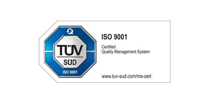 Translation: "Logo de gestion de la qualité TÜV ISO 9001, anglais