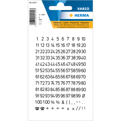 Aufkleber mit Zahlen von 1 bis 100, Sonderzeichen und Symbolen, wetterfest und für verschiedene Anwendungen geeignet.