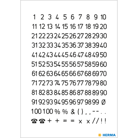 Zahlen von 1 bis 100, einschließlich Sonderzeichen wie %, &, (, ), und Telefonnummern.