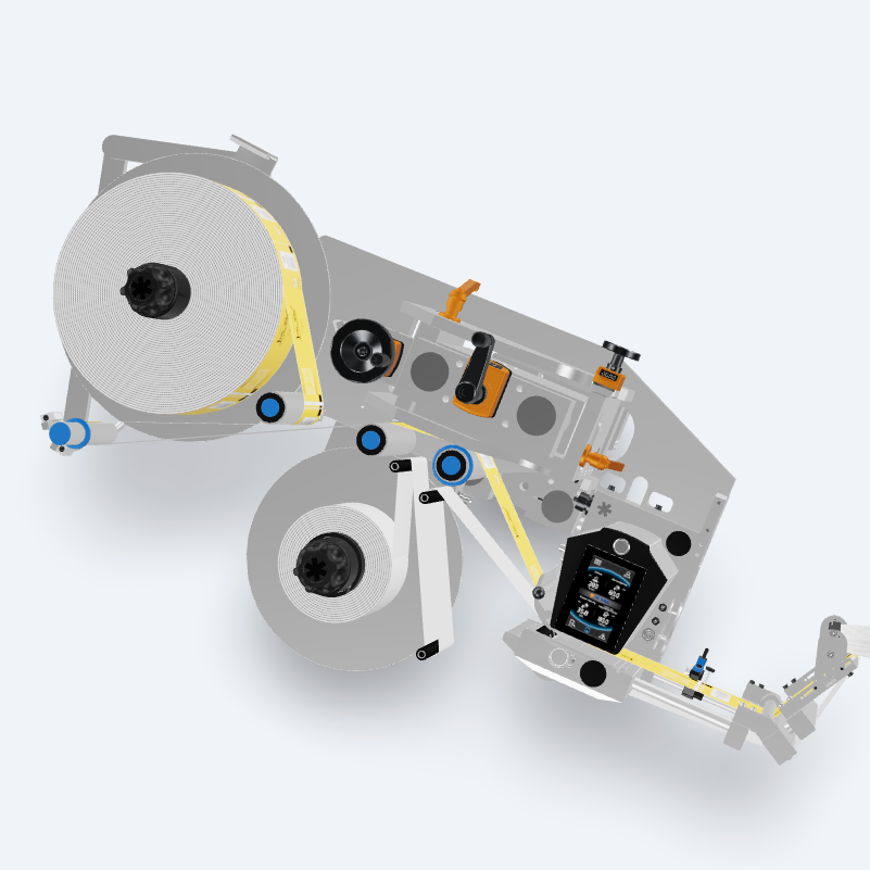 Plan technique d'un composant mécanique avec deux grandes rouleaux, différentes pièces mécaniques et un élément de commande.